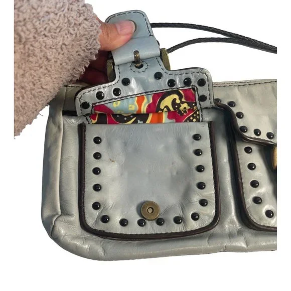 Kate Landry Leather Handbag Zipper Clutch Baby Blue Brown Stitch - Picture 3 of 8